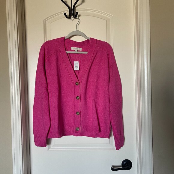 NWT Loft Cropped V-Neck Cardigan Rose Flash Size Medium - Picture 1 of 4